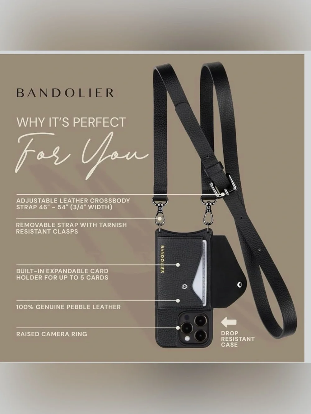 Bandolier Hailey iPhone 15/ Pro 16Wallet Case with Strap, Black